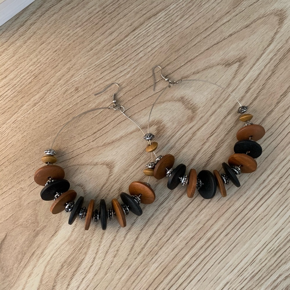 Large Statement Wood Disc Hoop Earrings - Picture 2 of 5